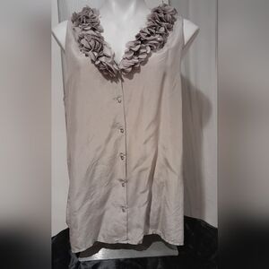 Ann Taylor- Gray Silk Sleeveless Button Up Blouse With Ruffled V-Neck, Sz LG
